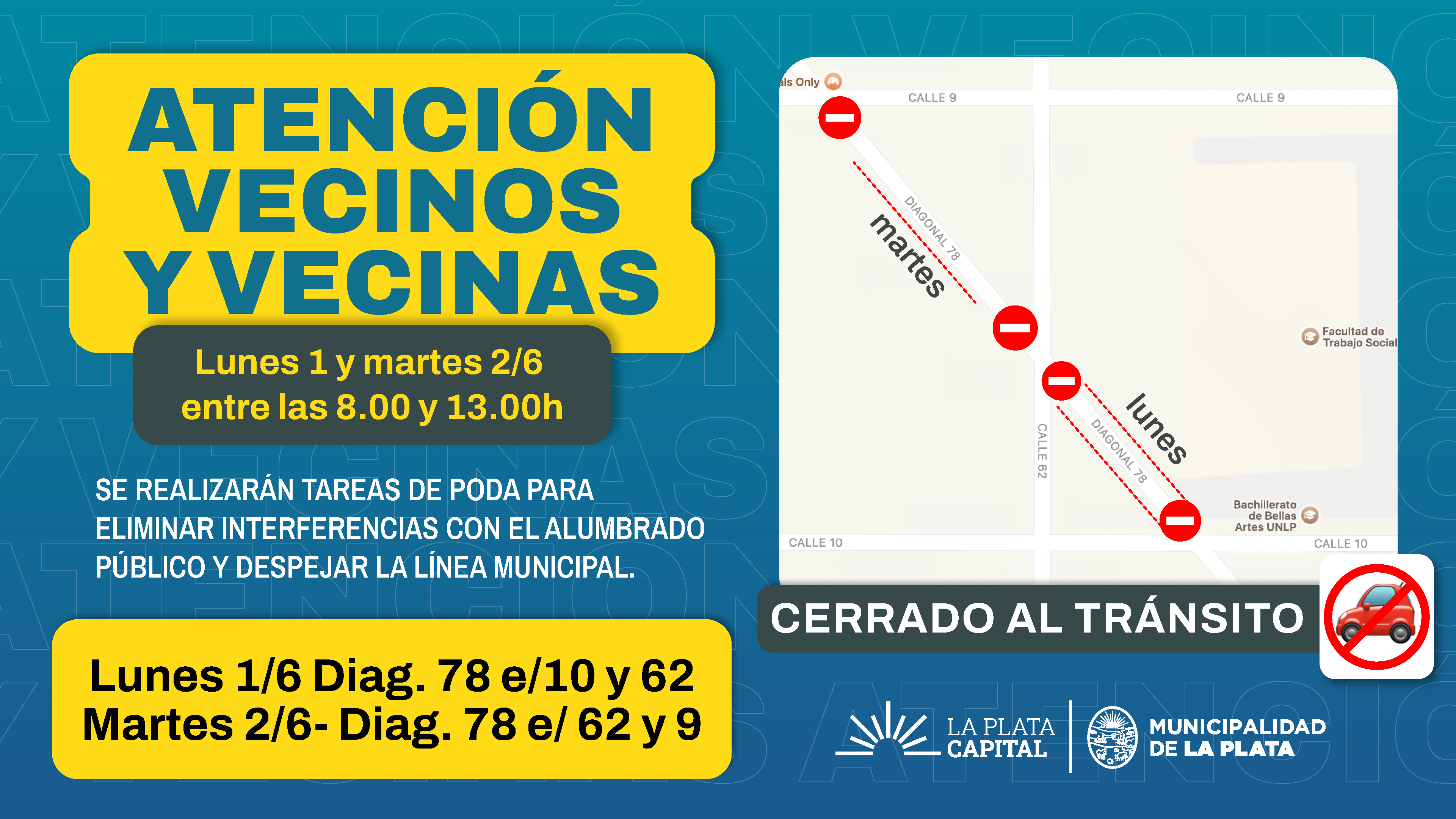 Informan nuevos cortes por tareas de mantenimiento del arbolado en diagonal 78