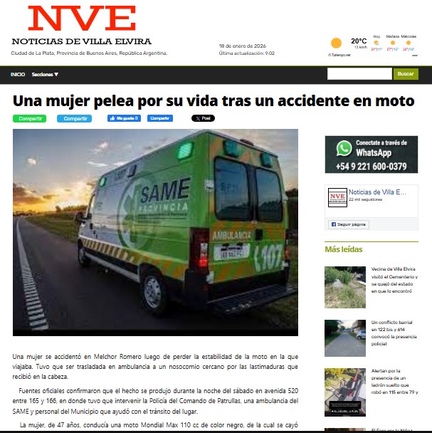 Una nueva víctima del tránsito en la ciudad: Falleció la mujer accidentada en Romero